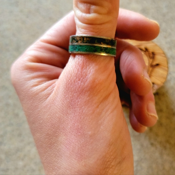 Handmade Petina Crushed Copper and Malachite Titanium Mens Wedding Ring sz9 - Picture 5 of 9